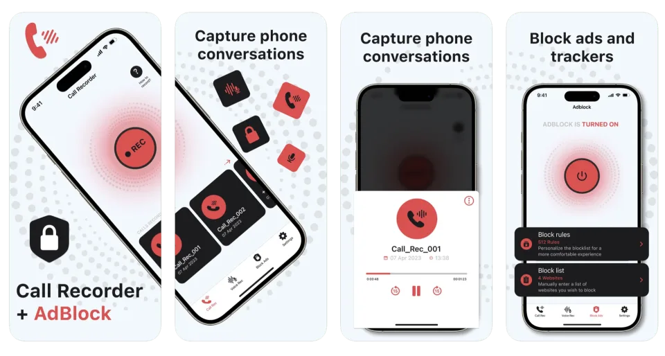 Phone Call Recorder, Recording: call recording, voice recorder, and ad blocker (iOS) app listing thumbnail