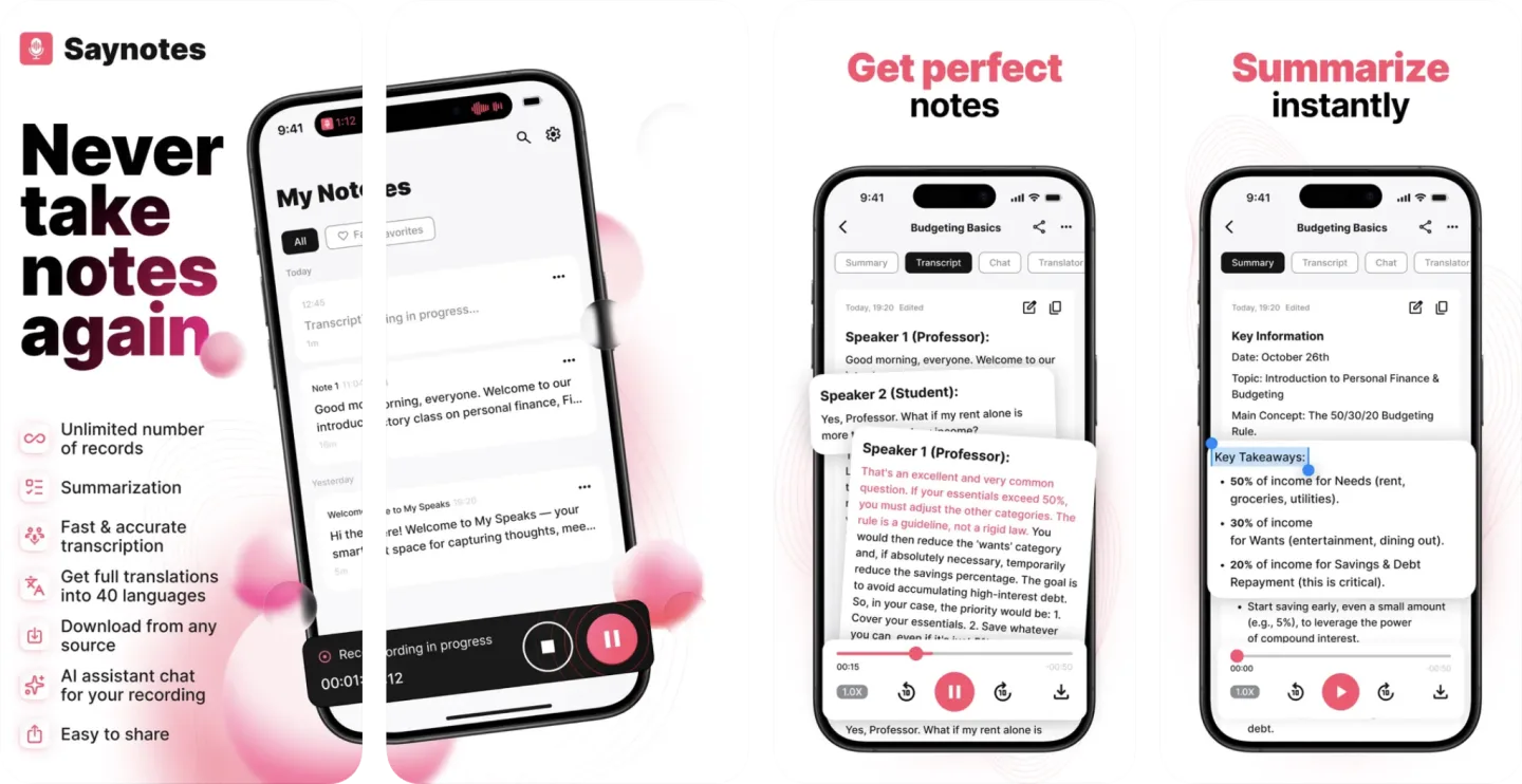Say Notes: AI Speech to text (iOS) app listing screenshot