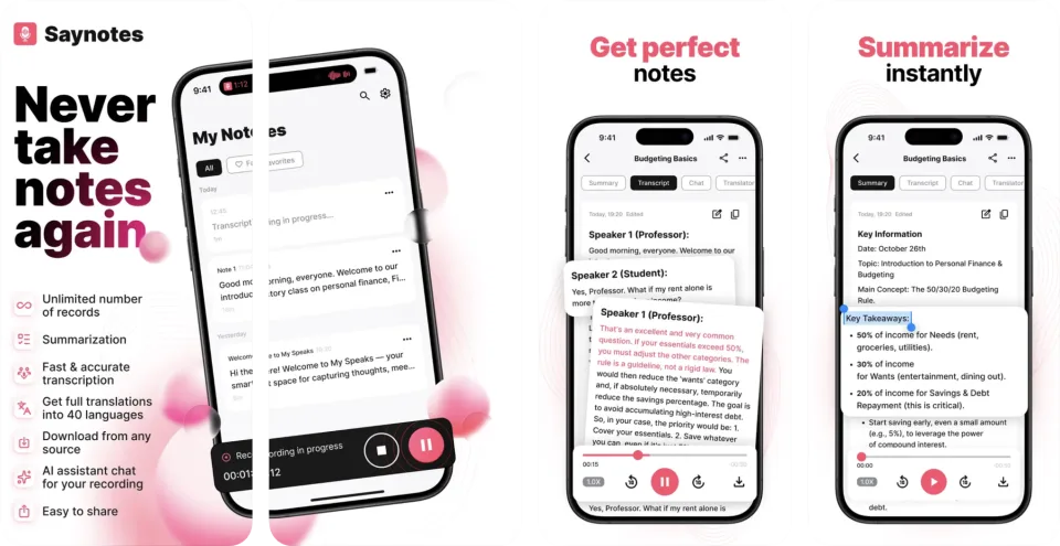Say Notes: AI Speech to text (iOS) app listing thumbnail