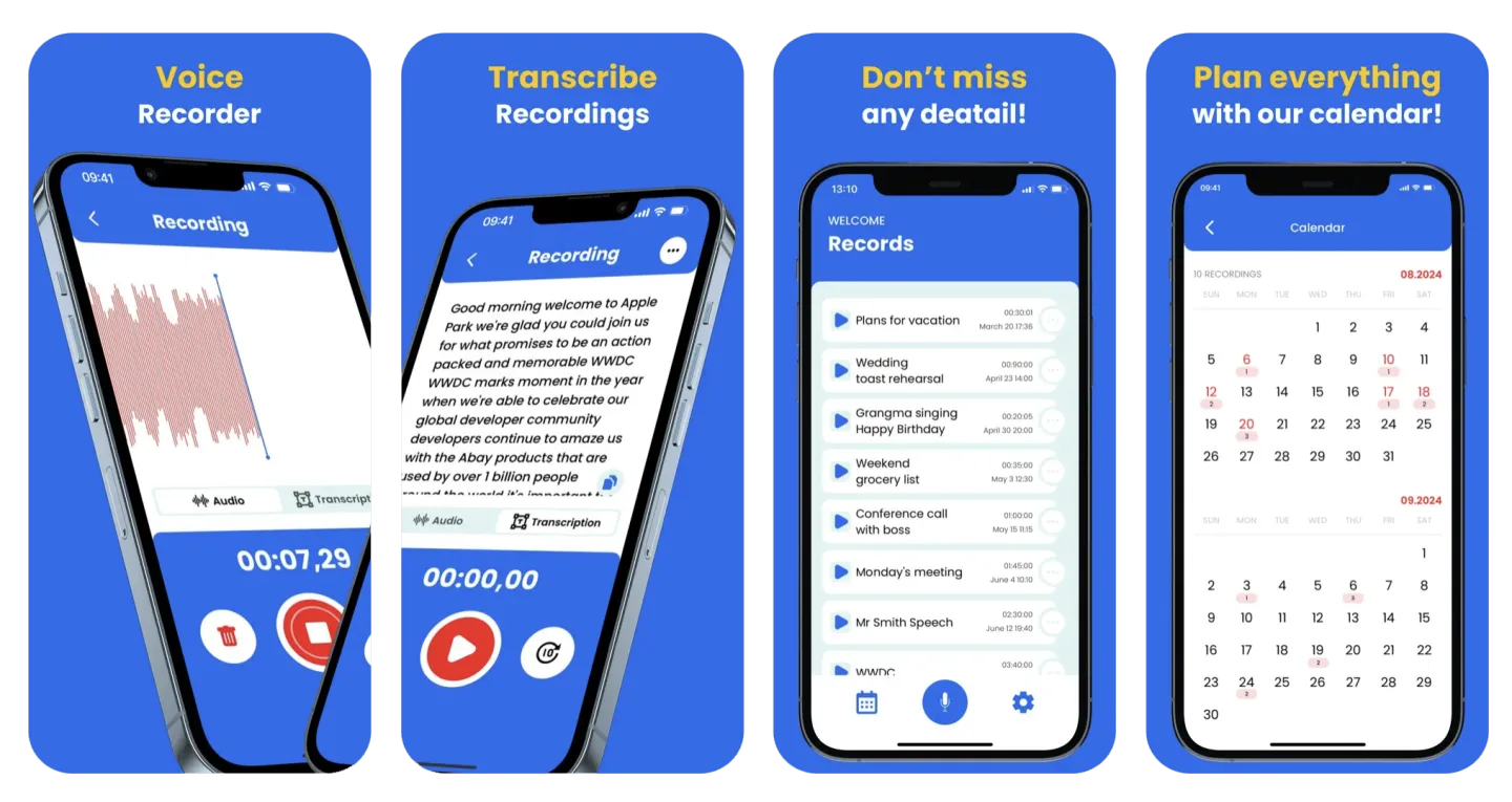 Voice Recorder, Audio Memo: record and transcribe speech to text (iOS) app listing screenshot